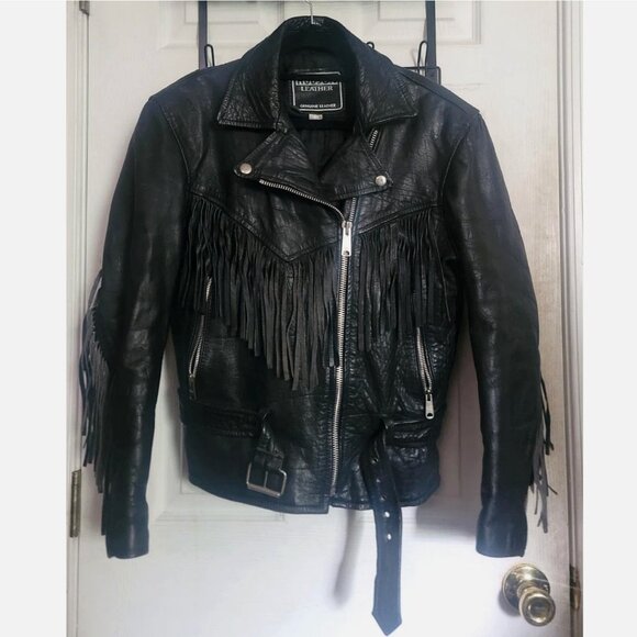 VTG Women’s Black Fringed Leather Heavy Biker Motorcycle Jacket Size S Hudson - Picture 1 of 14